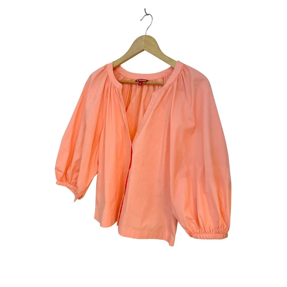 Staud Dill Poplin Top Coral Peach Cotton Puff Sleeve Button Up Blouse Size M